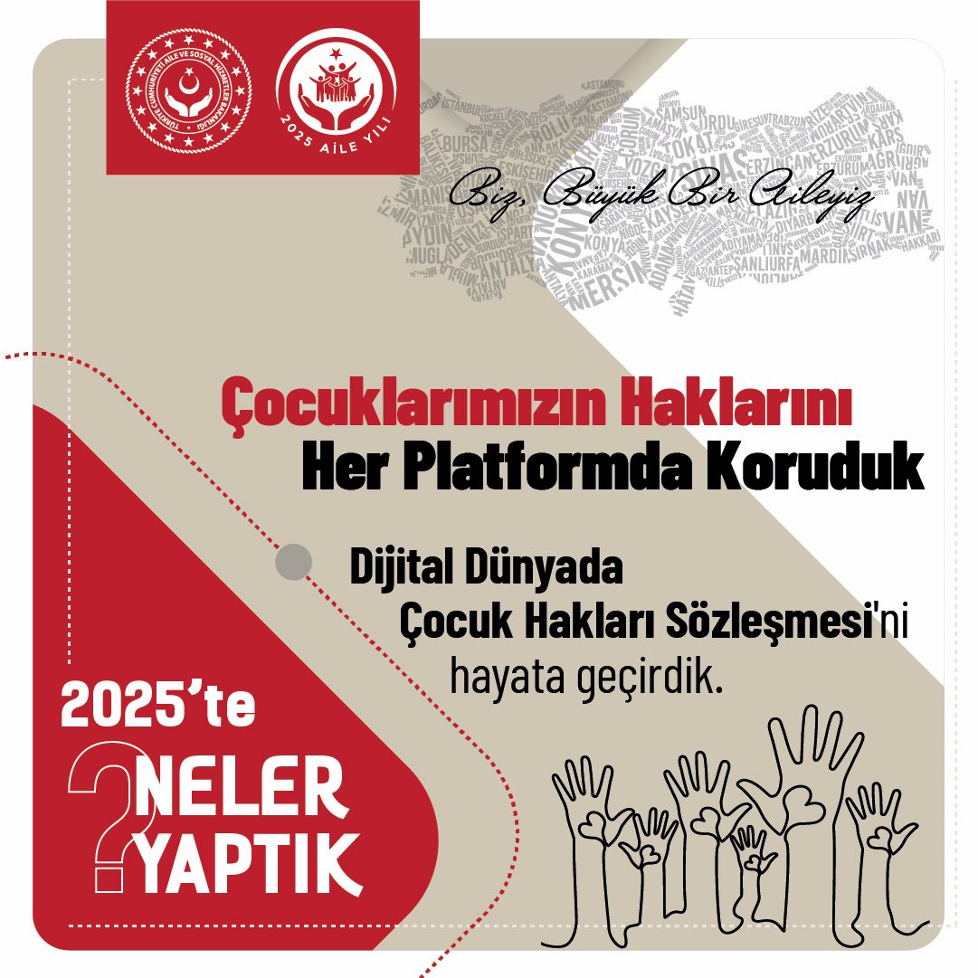 #AileYılı'nda çocuklarımızın haklarını her platformda koruduk.

Dijital Dünyada Çocuk Hakları Sözleşmesini hayata geçirdik.

#2025teNeYaptık