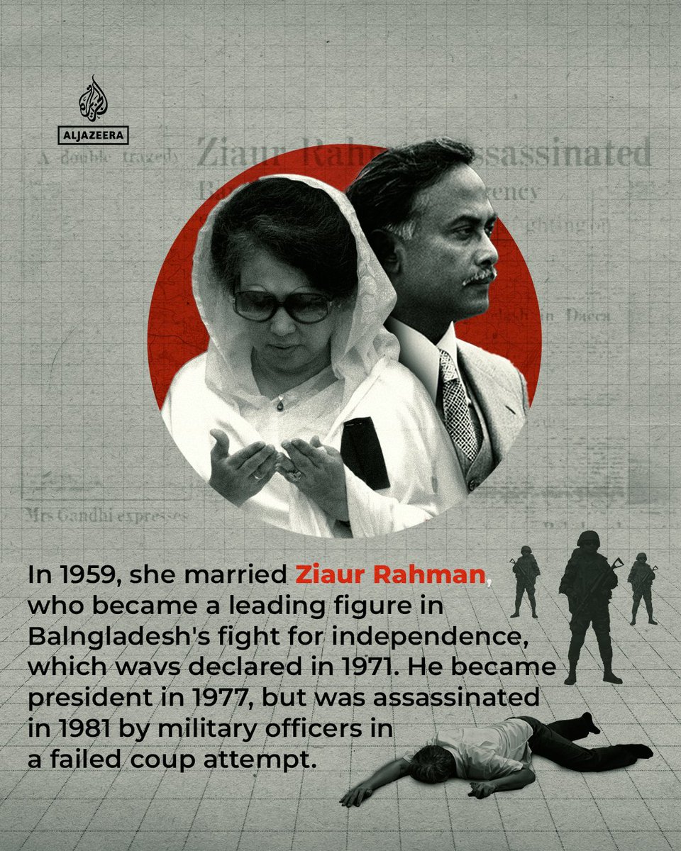 AJEnglish's tweet photo. Bangladesh’s first female PM, Khaleda Zia, has died at the age of 79. 

A symbol of power and resistance, here’s what you need to know about her. #Infograph https://t.co/79nHSVZKaz