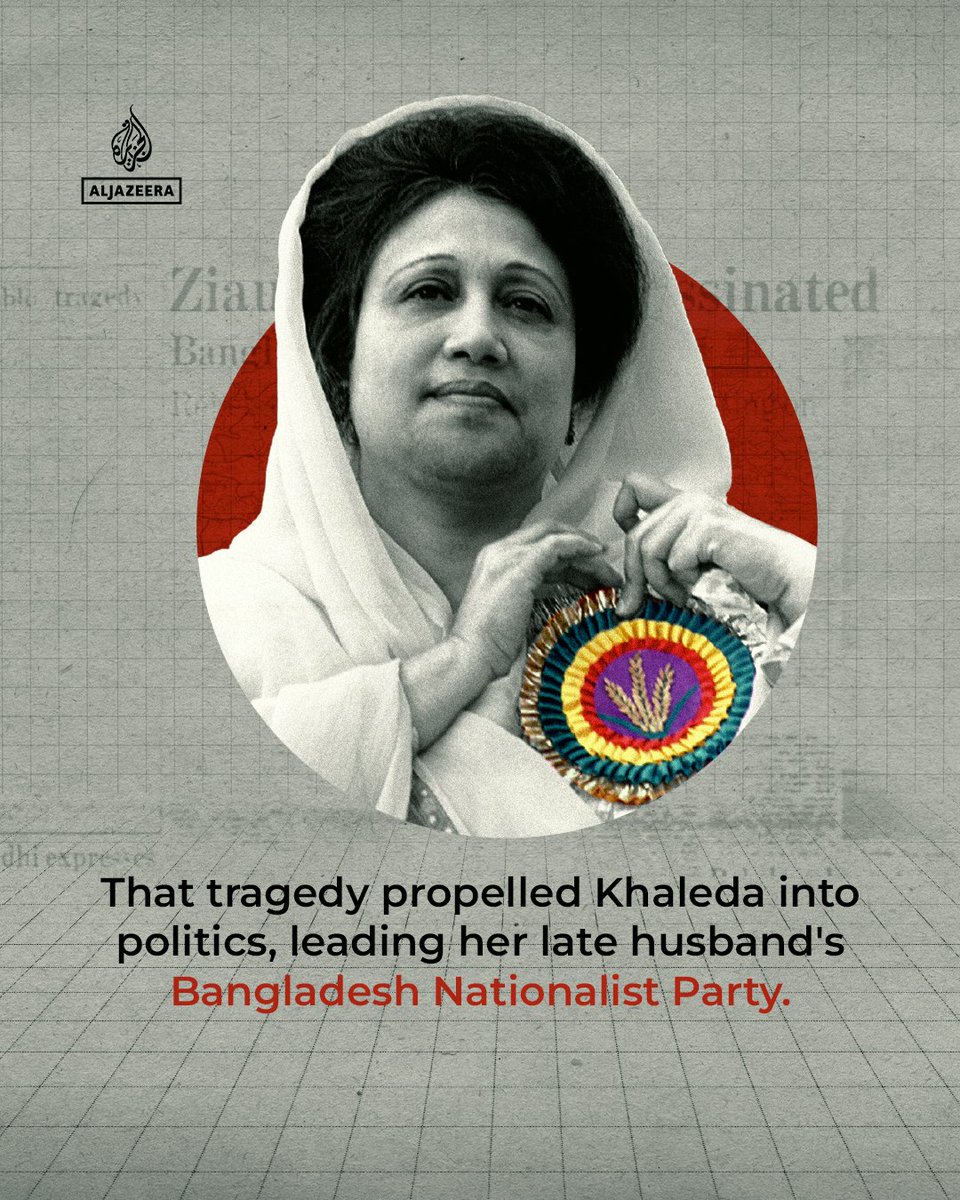 AJEnglish's tweet photo. Bangladesh’s first female PM, Khaleda Zia, has died at the age of 79. 

A symbol of power and resistance, here’s what you need to know about her. #Infograph https://t.co/79nHSVZKaz