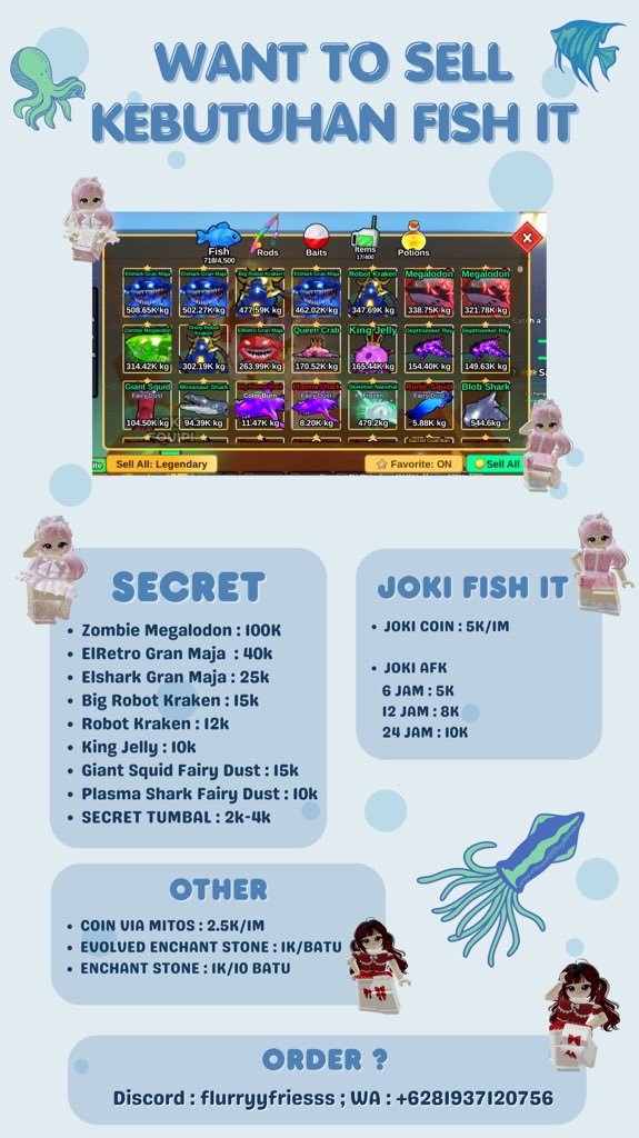th3pweettiess's tweet photo. 🐋 WTS KEBUTUHAN FISH IT 🐋

⁃EVOLVED ENCHANT STONE STOK  52
⁃ENCHANT STONE STOK 400
⁃SC TUMBAK STOK DIKIT

🐳 Payment : Seabank, E-Wallet, QRIS

🐳 Order ?
Discord : https://t.co/2z53zFjW5y
WA : https://t.co/l3yrTRCxAC

#zonauangᅠ #zonajajan https://t.co/FD5lqb60FM