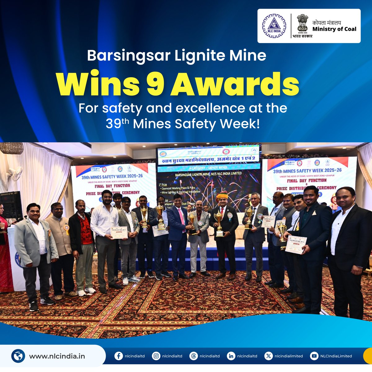 nlcindialimited's tweet photo. Barsingsar Lignite Mine of NLC India Limited achieved remarkable success at the 39th Mines Safety Week (2025–26), winning 9 awards for excellence in safety management, operational discipline, and workforce commitment.
#NLCIndia #MineSafety #SafetyExcellence #SafetyCommitment
@CoalMinistry @MinesMinIndia @mygovindia