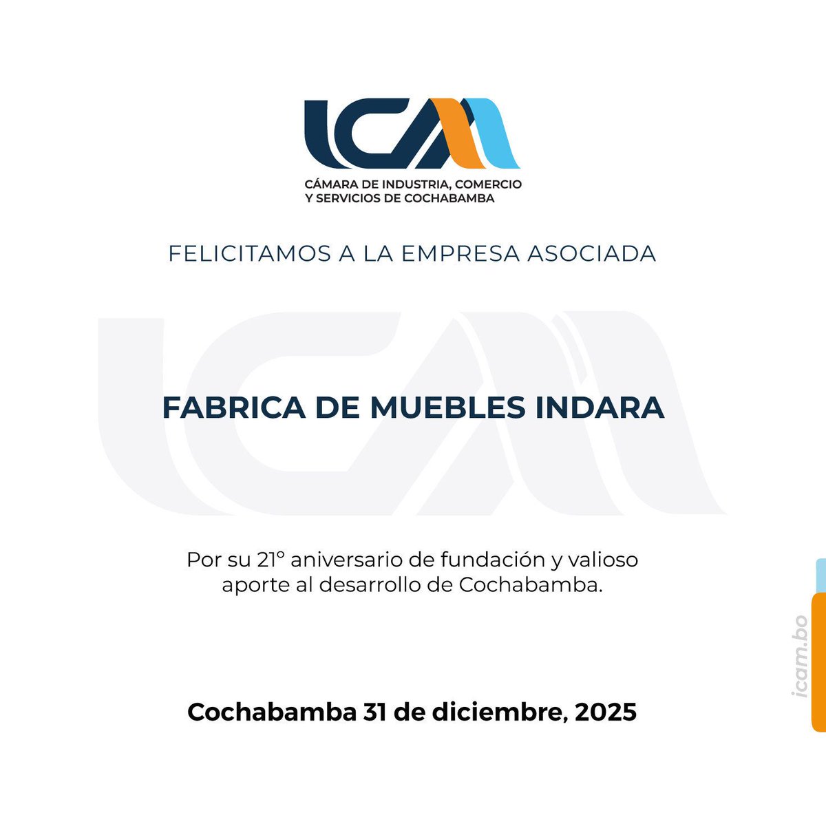 ICAMCBBA's tweet image. 🌟 ¡Felicitamos a nuestras afiliadas por su aniversario! 💪

▶ FERRETERÍA AMÉRICA 
▶ FABRICA DE MUEBLES INDARA 

¡Sigamos construyendo juntos un futuro brillante! ✨

#ICAM #HechoEnBolivia #FamiliaICAM