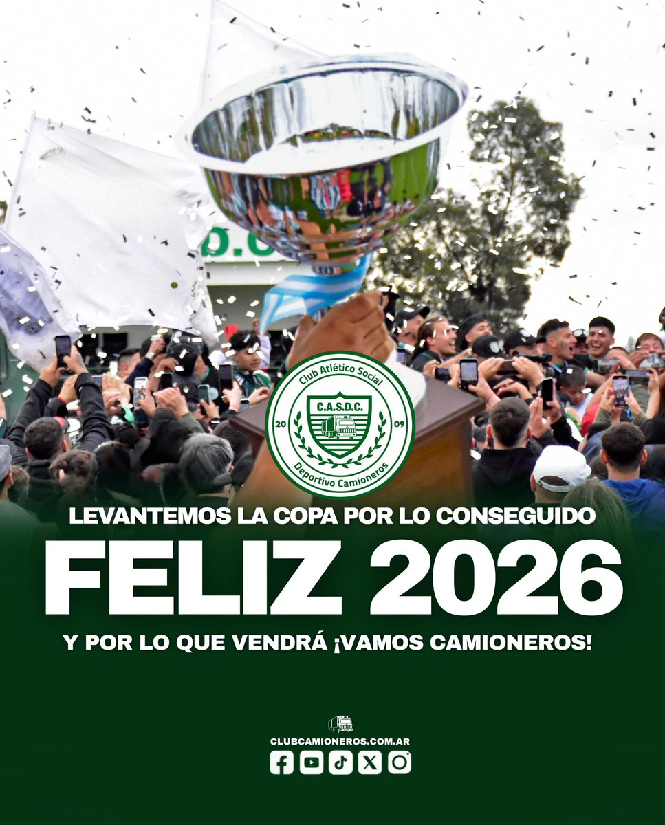 🏆​¡𝙎𝙖𝙡𝙪𝙙, 𝙁𝙖𝙢𝙞𝙡𝙞𝙖 𝘾𝙖𝙢𝙞𝙤𝙣𝙚𝙧𝙖!🏆 Brindamos por un 2025 de gloria que se va y recibiremos el 2026 con la misma garra de siempre.
¡𝐏𝐨𝐫 𝐦á𝐬 𝐯𝐮𝐞𝐥𝐭𝐚𝐬 𝐨𝐥í𝐦𝐩𝐢𝐜𝐚𝐬 𝐲 𝐬𝐮𝐞ñ𝐨𝐬 𝐜𝐮𝐦𝐩𝐥𝐢𝐝𝐨𝐬!! 
💚#VamosCamioneros