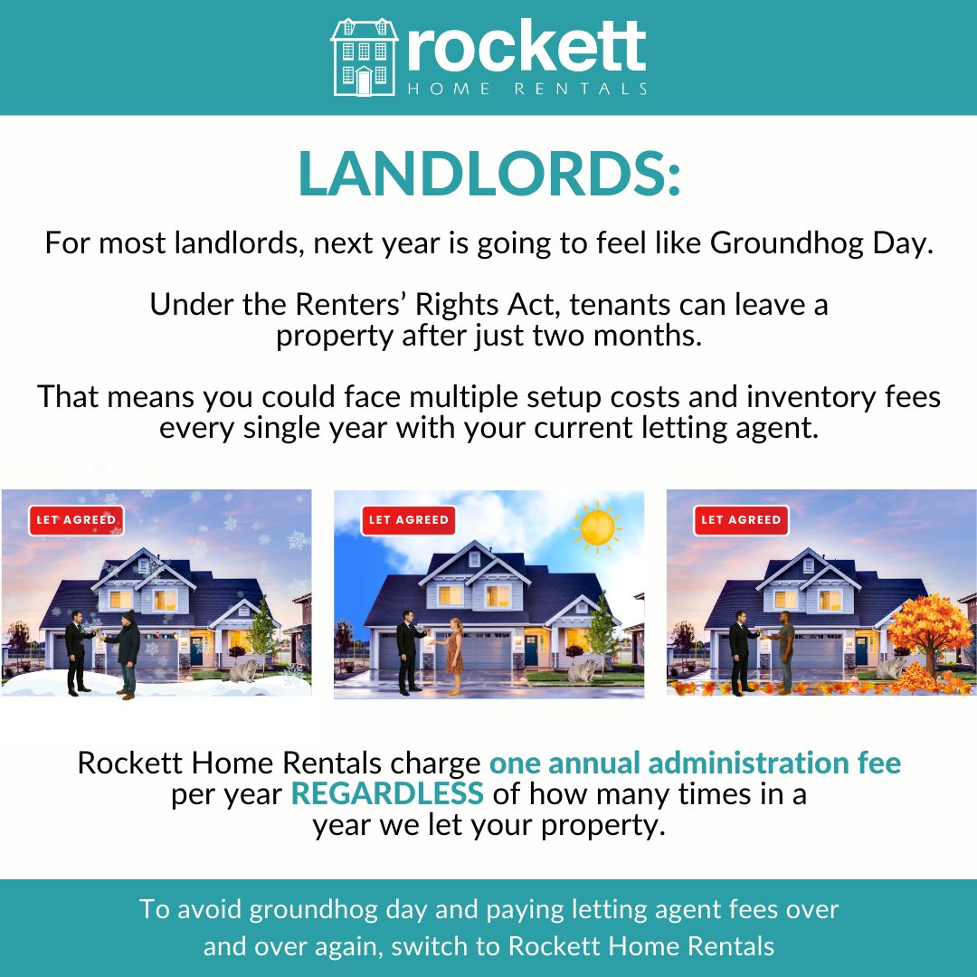 RockettHomeRent's tweet image. From May 26, tenants can move after 2 months. That can mean multiple new tenancies every year. Most agents charge setup, inventory and checkout fees each time. We have one annual fee for any number of tenancies.

🌐 rocketthomerentals.com
☎️ 01782 638 111

#LandlordLife