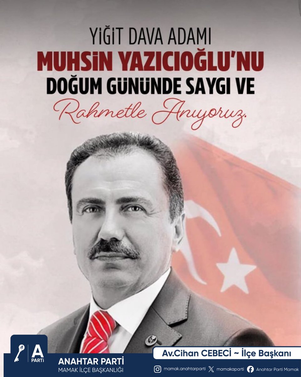 Yiğit duruşu, sarsılmaz inancı ve millet sevdasıyla gönüllerimizde müstesna bir yer edinen
Muhsin Yazıcıoğlu’nu,
doğum gününde saygı, özlem ve rahmetle anıyoruz.
#MuhsinYazıcıoğlu 
#MuhsinBaskan70Yasında