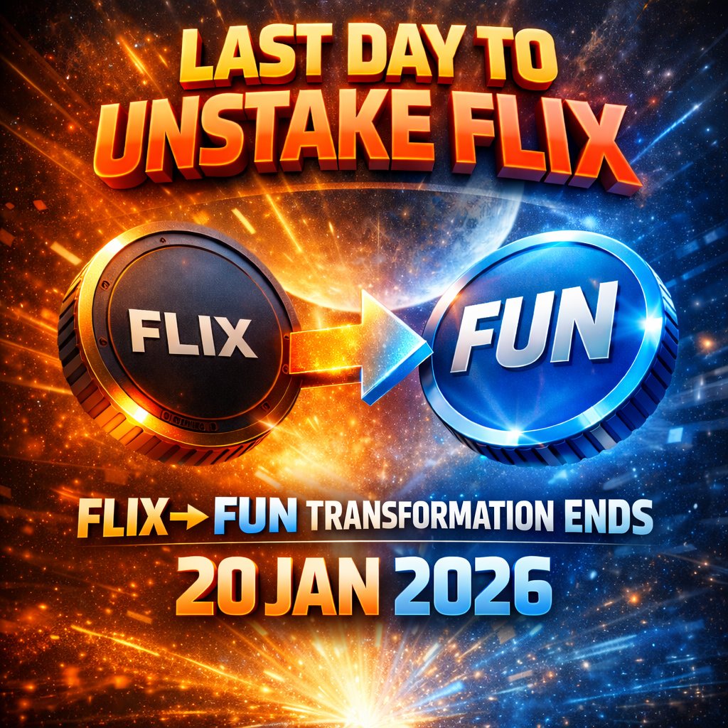 FLIXdotFUN's tweet image. FLIX still staked? ⏱️

Today is the last day to unstake
to remain eligible for FLIX → FUN transformation

Transformation ends 20th Jan 2026
➡️ transform.FLIX.fun