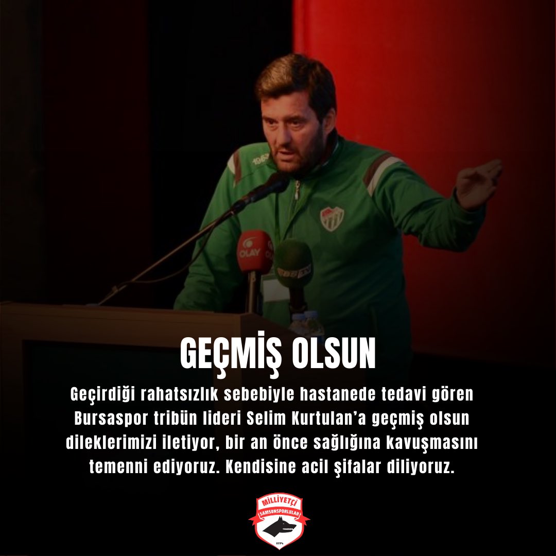 Geçirdiği rahatsızlık sebebiyle hastanede tedavi gören Bursaspor tribün lideri Selim Kurtulan’a geçmiş olsun dileklerimizi iletiyor, bir an önce sağlığına kavuşmasını temenni ediyoruz. Kendisine acil şifalar diliyoruz. <a href="/teksasorg/">TEKSAS</a>