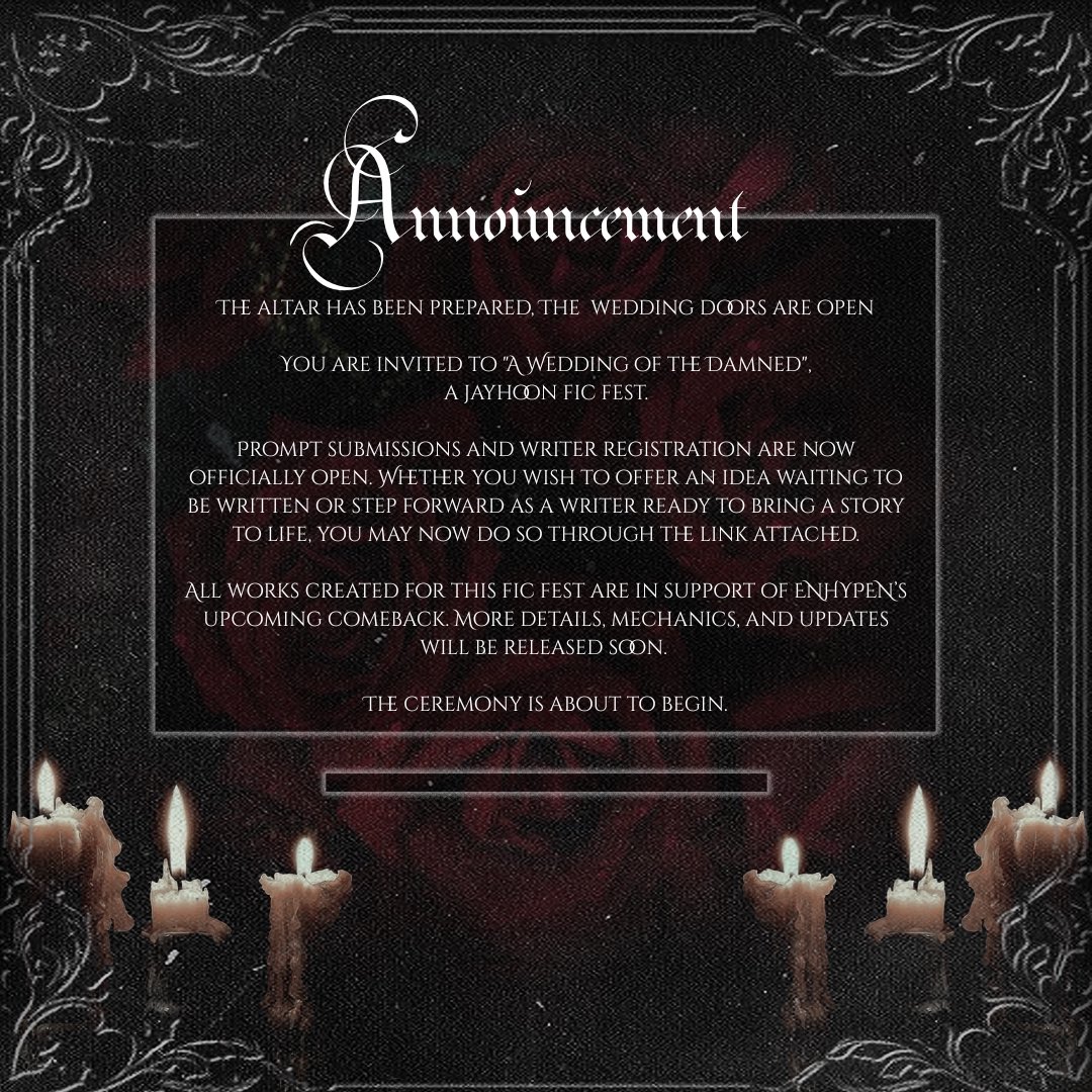 jayhoonworlds's tweet photo. 🕯️ A Wedding of the Damned — Fic Fest 🕯️

Prompt submissions and writer registration are now open. Share your ideas or step forward as a writer through the link attached.

🔗: https://t.co/RT5s3TJvDK
🔗: https://t.co/QDdjwj2F7J

The ceremony is about to begin. https://t.co/IoM3RdCx68