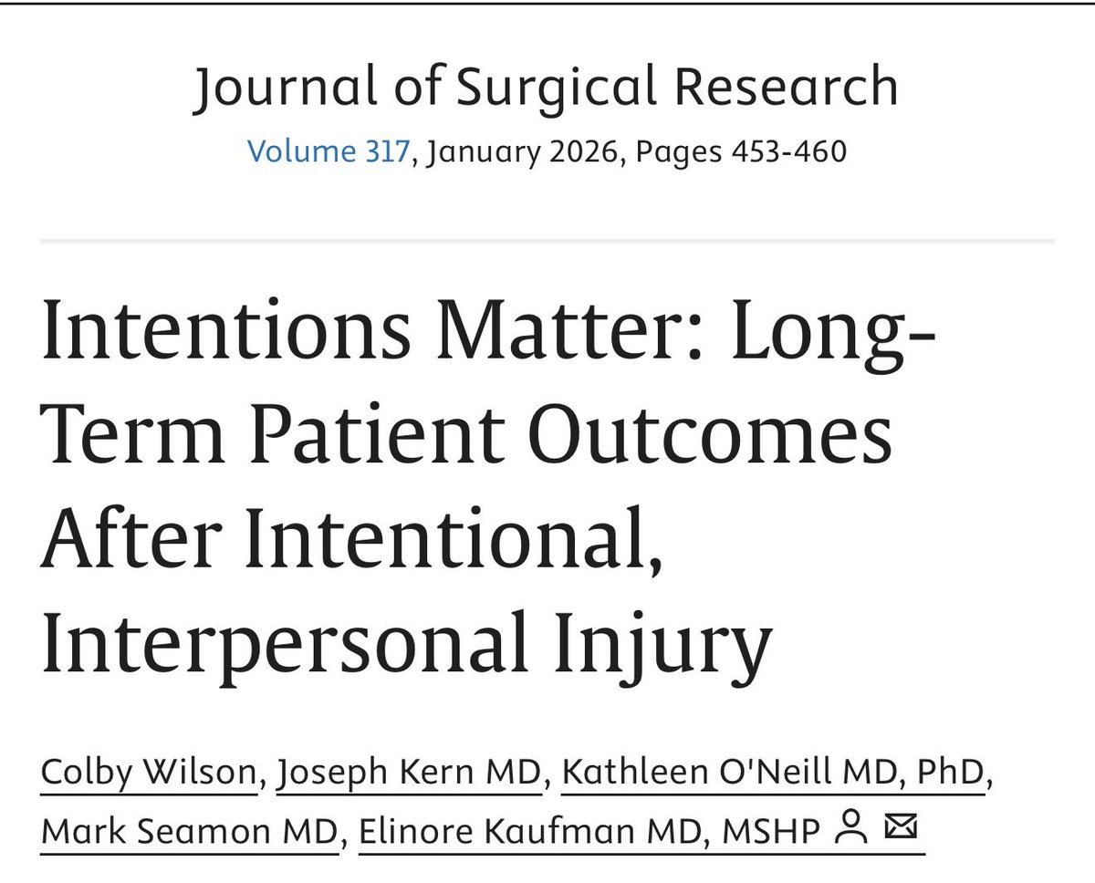pennsurgery's tweet image. New research out of @UPennTrauma shows that patients with intentional injuries (e.g., interpersonal violence) have significantly higher rates of PTSD at follow-up compared to unintentional injuries, highlighting the need for targeted mental health care. #TraumaCare #PTSD