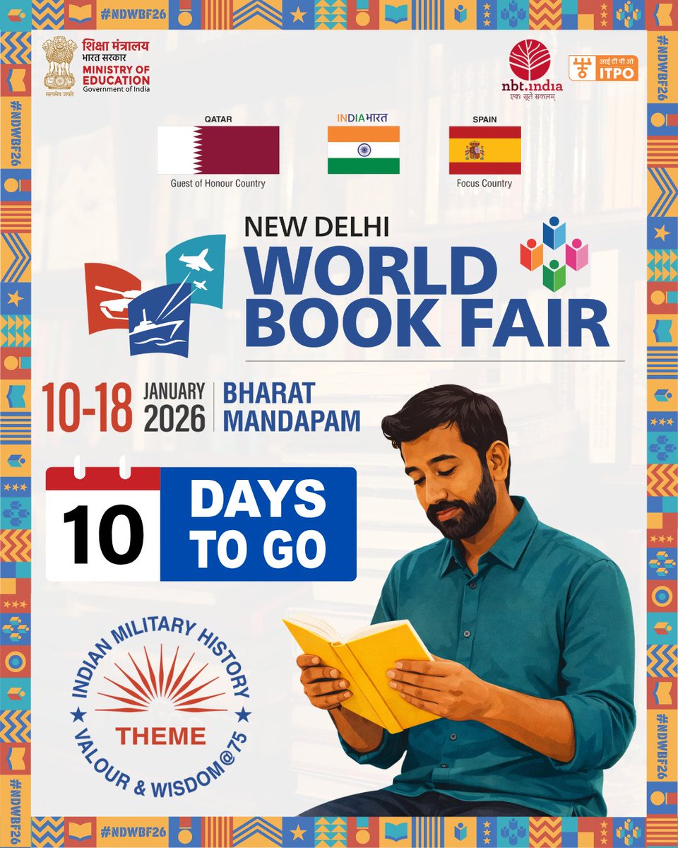 nbt_india's tweet photo. 10 Days to Go! 📚✨
The countdown is on for the New Delhi World Book Fair 2026 — where stories, cultures, and ideas from across the world come together.
🗓️ 10–18 January 2026
📍 Bharat Mandapam, New Delhi
#NDWBF26 #NewDelhiWorldBookFair #10DaysToGo #WorldOfBooks #ReadersOfIndia #BookFairVibes #BharatMandapam #BooksAndBeyond #LiteraryFestival #GlobalPublishing #NBTIndia
