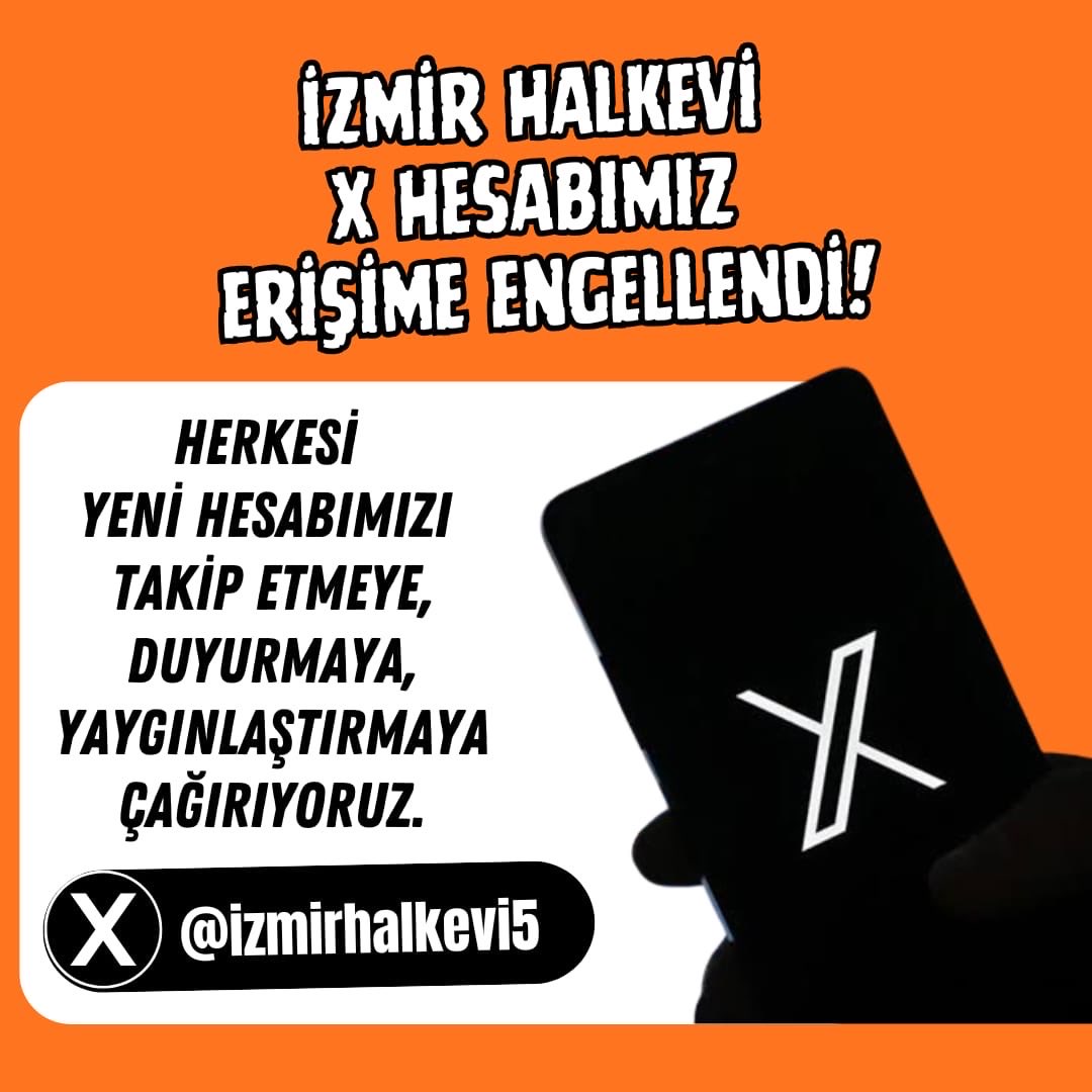 izmirhalkevi5's tweet photo. İzmir Halkevleri X hesabımız erişime engellendi. 

Ulaşım hakkımız için yankılanan sesimizi erişim engelleri ile durduramazsınız. 

Saray’ın engellerini dayanışmamızla aşıyoruz✌️

Hesabımızı takip edelim, duyuyup yaygınlaştıralım

Yeni hesabımız 👇
@izmirhalkevi5 https://t.co/WbtQGJldC4
