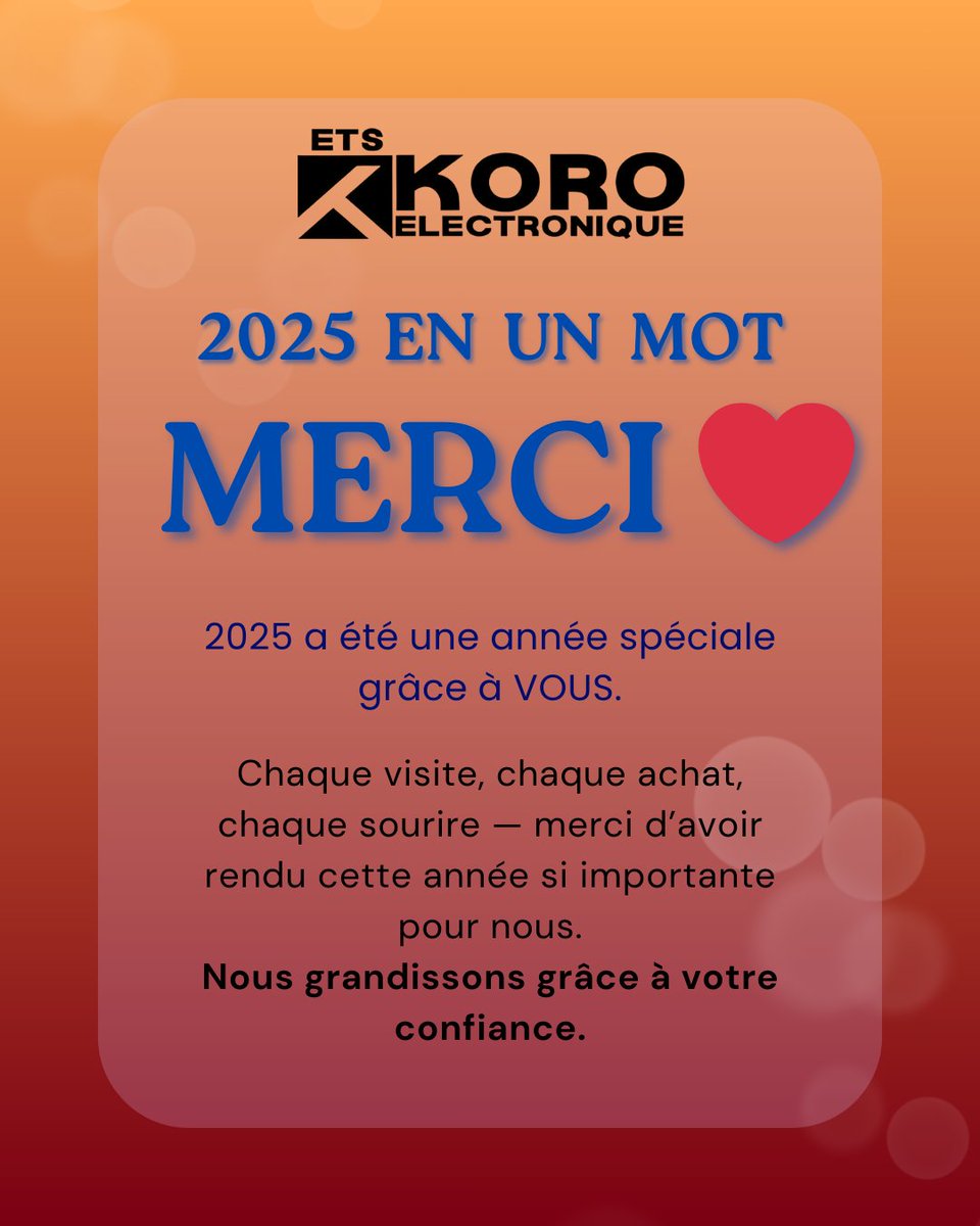 EtsKoro's tweet photo. 2025 en un mot
MERCI ❤️

2025 a été une année spéciale grâce à VOUS.
Chaque visite, chaque achat, chaque sourire - merci d’avoir rendu cette année si importante pour nous

Nous grandissons grâce à votre confiance

#ThankYou #Grateful #KoroElectronique #LubumbashiBusiness #DRCongo https://t.co/sI14u0nCfY