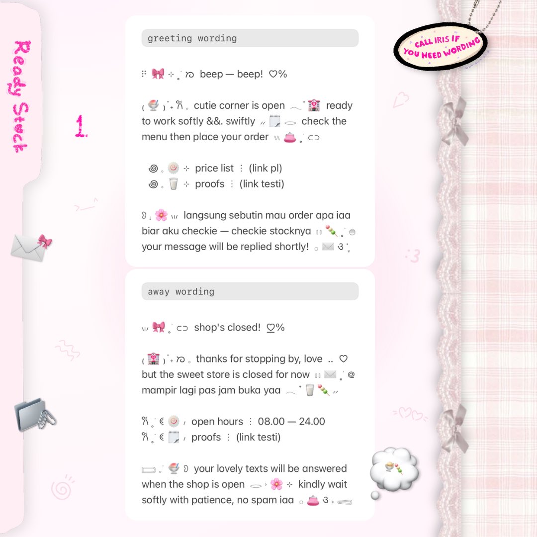 wordinh's tweet image. ⠀
🎀  ::  help repost lovelings  ..  ♡

ellōu — mēllou!  🌸  back &amp;amp;&amp;amp;. ready to use  ..  &amp;lt; BUNDLE GREETING &amp;amp; AWAY WORDING &amp;gt;  🗒️🍡  grab now dear, only 11.000 coins / bundle!  🍧  scroll for more iaa!  &amp;gt;____$%

t. #zonaba #zonauang rs ready stock welcome close auto message wabis