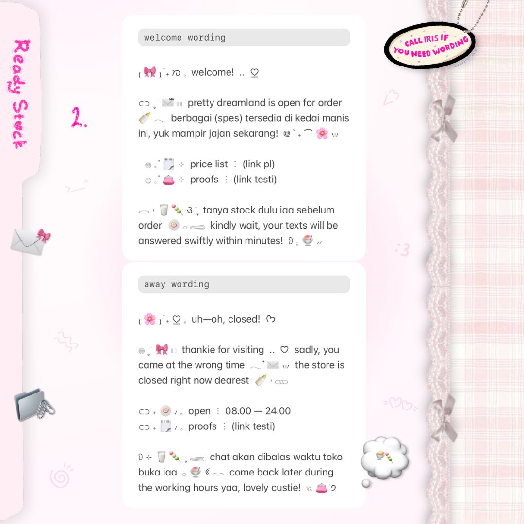 wordinh's tweet image. ⠀
🎀  ::  help repost lovelings  ..  ♡

ellōu — mēllou!  🌸  back &amp;amp;&amp;amp;. ready to use  ..  &amp;lt; BUNDLE GREETING &amp;amp; AWAY WORDING &amp;gt;  🗒️🍡  grab now dear, only 11.000 coins / bundle!  🍧  scroll for more iaa!  &amp;gt;____$%

t. #zonaba #zonauang rs ready stock welcome close auto message wabis