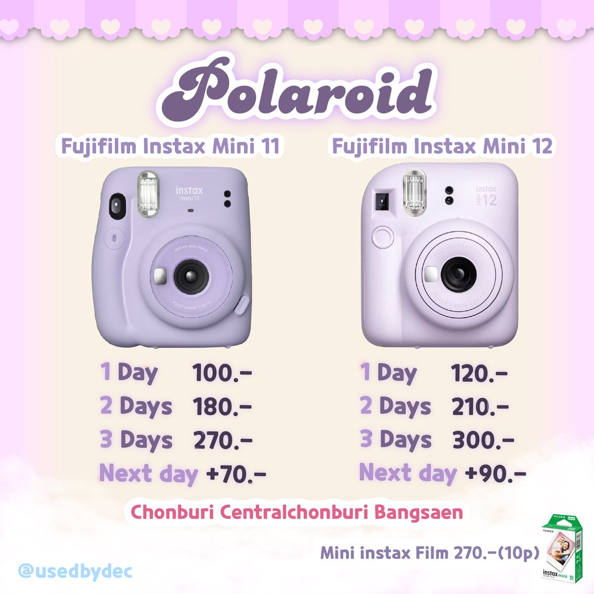 usedbydec's tweet photo. 💌instax mini12 &amp; mini 11 for rent 👀

rt ลด 5️⃣ บาท/วัน🛁

📍ชลบุรี บางแสน
ꕀ นัดรับ / ส่งแกรป ชลบุรี
🔖Line :(@)fxa5899i 

#เช่ากล้องโพลารอยด์ #กล้องฟิล์ม #เช่ากล้อง #กล้องดิจิตอล #เช่ากล้องดิจิตอล #cnfact #ทีมบูรพา https://t.co/L12j08tHlF