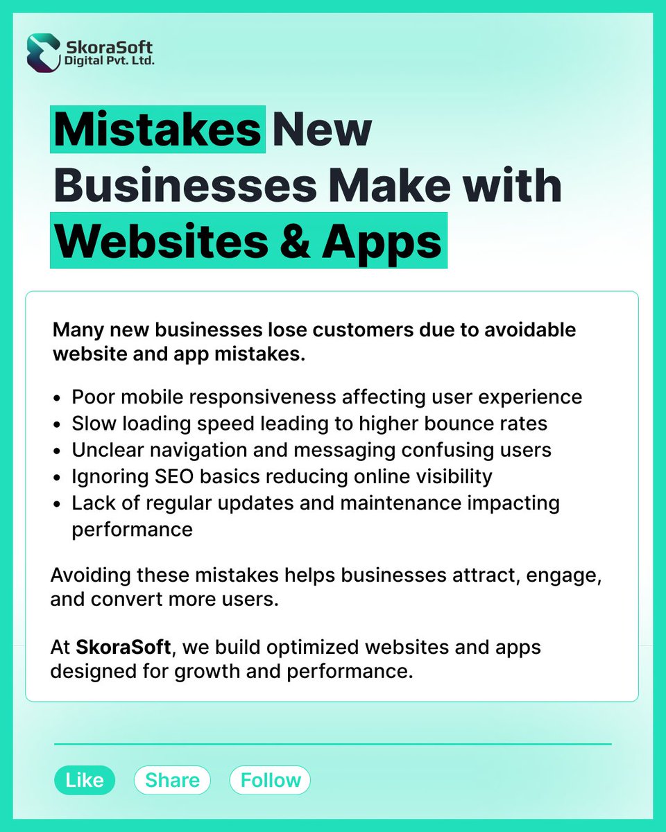 SkoraSoft's tweet photo. Small website and app mistakes can cost you big opportunities. Improve speed, usability, and mobile experience to attract and convert more users.

👉 Follow us for digital growth tips!
#WebDesign #AppDevelopment #StartupTips #UX #DigitalGrowth https://t.co/v7tpPUVLJ0