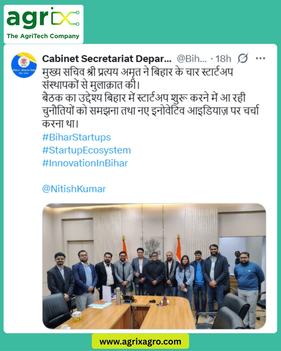 AgrixIndia's tweet photo. An honour for Agrix to meet Pratyaya Amrit, Chief Secretary, Govt. of Bihar.
Encouraging discussions on strengthening the startup ecosystem and supporting innovation in the state.
#Agrix #BiharStartups #InnovationInBihar https://t.co/NBO26A56n5