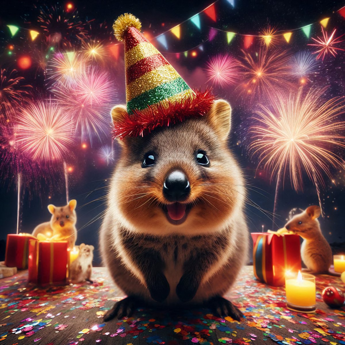 Barry Larry has started celebrating New Year already because Samoa entered the new year at 10am UK time and anytime's a good time to start he says 👍

#AI 🎨  #AIArt #AIArtwork #DigitalArt #Winter #NewYear #NewYearsEve #NewYear2026 #Quokka #QuokkasOfTwitter #QuokkasOfX