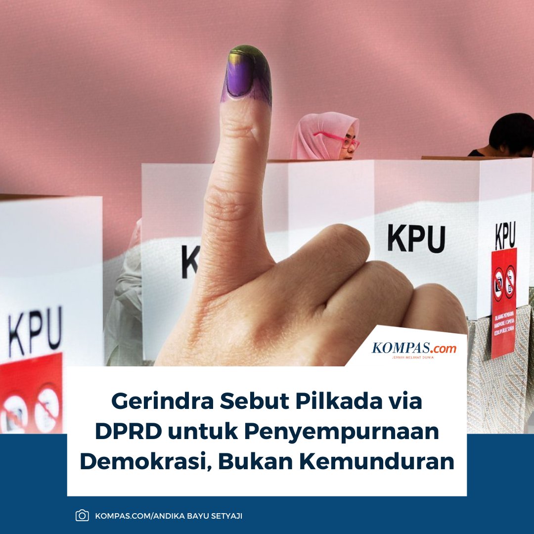 kompascom's tweet image. Fraksi Partai Gerindra menilai wacana pilkada melalui DPRD bukanlah langkah mundur demokrasi, melainkan upaya menyempurnakan sistem demokrasi agar bekerja lebih efektif dan berpihak kepada rakyat.

Baca di sini: nasional.kompas.com/read/2025/12/3…

~TA #Gerindra #Pilkada #DPRD