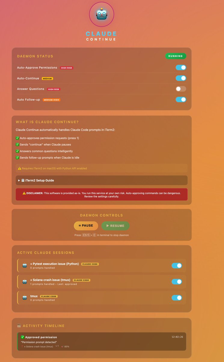 The dev behind <a href="/AddictedAnomaly/">Addicted Anomaly Alpha Bot</a> will soon release Claude Continue, so you can sleep at night instead of pressing "1" and "2" all the time. #claudecode <a href="/AnthropicAI/">Anthropic</a>