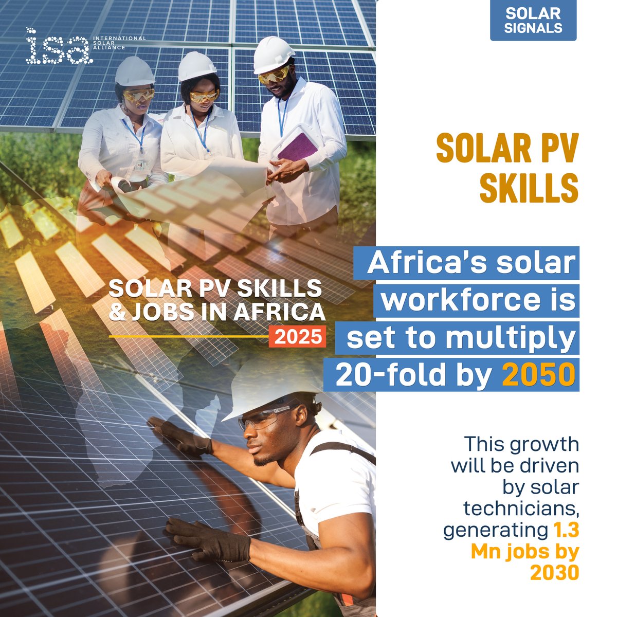 isolaralliance's tweet photo. #SolarSignals #wednesdaymotivation
Africa’s Solar Workforce is Set to Multiply 20-Fold by 2050
The Solar PV Skills and Jobs in #Africa report, launched at the 8th Session of the ISA Assembly, projects that Africa’s solar workforce will surge from 226,000 today to between 2.5 and 4.2 million by 2050.
Solar technicians will drive this growth, generating about 1.3 million jobs by 2030 as solar deployment accelerates across utilities, commercial and industrial sectors, and off-grid systems. Small-scale solar systems will contribute 55% of total #employment, underscoring the rapid rise of decentralised markets.
This unprecedented expansion in green jobs positions Africa to become the world’s largest hub for #solar employment, fuelled by innovation, inclusivity, and strong #youth participation.
Dive deeper into the data and projections in the full report: https://t.co/essQHG8Us6
@Ashish_Khanna I @BecquerelForPV I @EYnews | @IntellecapTweet
#SolarPower #SolarEnergy #SolarForFarmers #ClimateAction #VoicesForSolar #SolarForAll #AmbitionToAction #electrifying #Report #SolarJobs #AfricaSolar #CleanEnergy #SkillDevelopment
