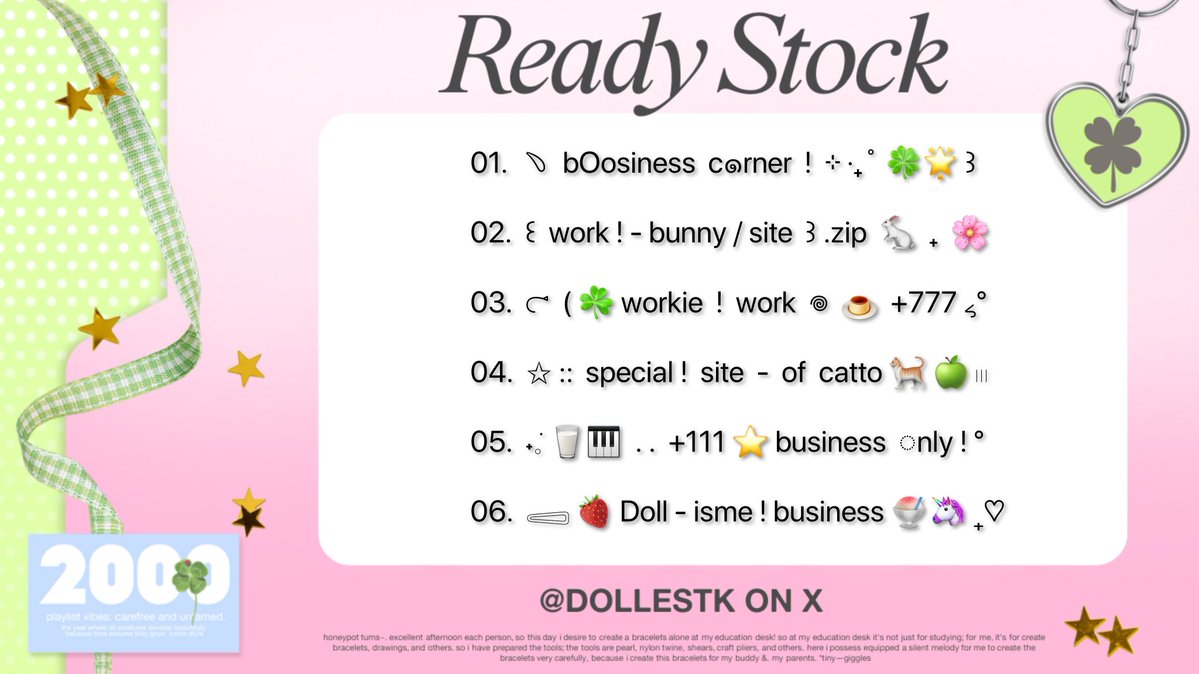 dollestk's tweet image. 🍥🍏 𐂯 help repost please! sankyuuu ﹆ 🎹

moshi moshi! おはよう 💧🌟
aku punya 6 wording bio untuk ba yang siap dibawa pulang :3 price 2.000 / each yaa! grab one as yours now 🩷🥛

#zonauang