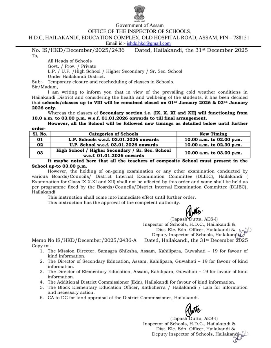 ConcernedIndi17's tweet photo. Just curious..

Why is that..?
Issued order by Hailakandi admin for 2 days suspension of schools and then within no time cancelled the order and then issued another saying school will continue but change in schedule.

P.S. Almost every district issued circular for holiday https://t.co/YCHfwdfH1I