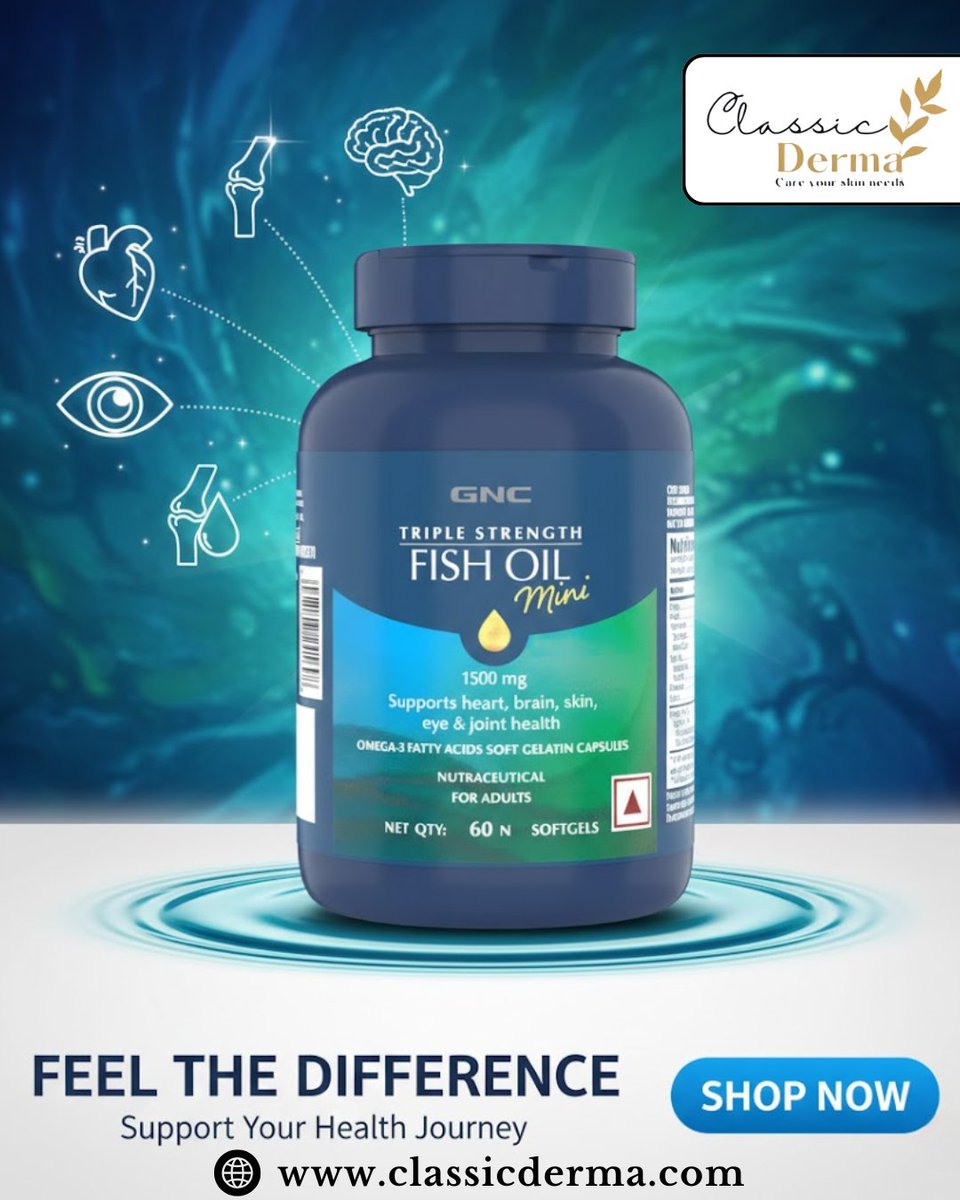 ClassicDerma's tweet photo. Big benefits come in small packages! 💧 Our Triple Strength Fish Oil Minis provide 1500mg of Omega-3 support for your heart, brain, and joints without the struggle of oversized pills. Feel the difference in your daily vitality. https://t.co/bMuelhGTI1