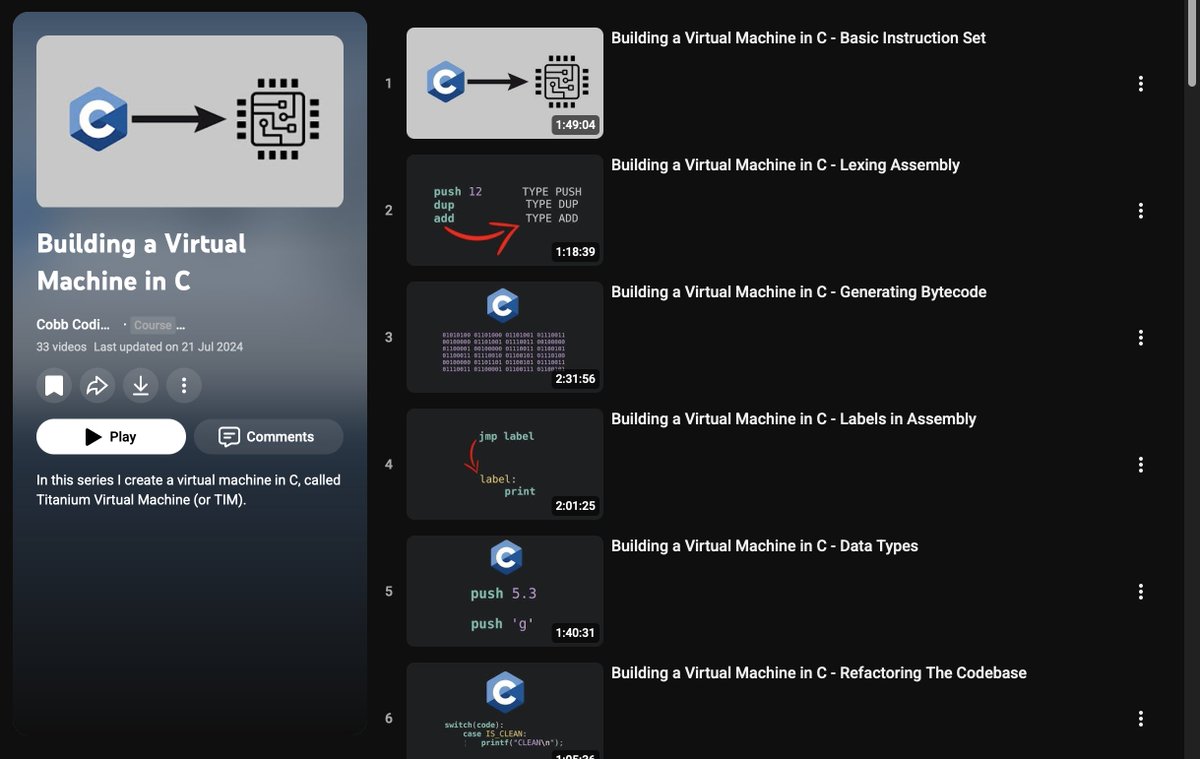 Building a Virtual Machine in C
In this series, he created a virtual machine in C, called Titanium Virtual Machine (or TIM).