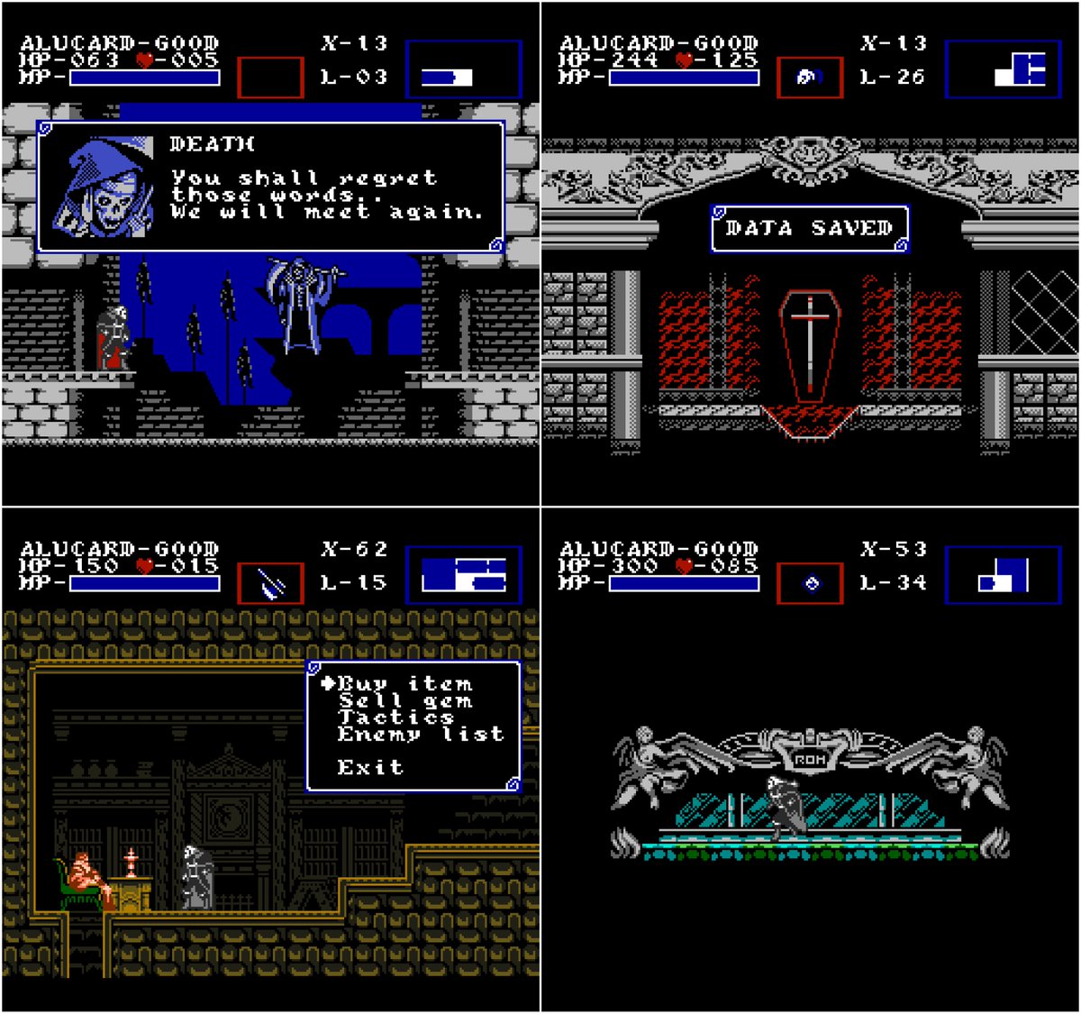 Emppixel's tweet photo. Some 8-bit SotN mockups I did over 10 years ago. IIRC, I made them all thinking of the NES tile limits.

A lot of funky stuff going on, I wonder how much I'd do differently today...

#pixelart https://t.co/d2CDB45g6T