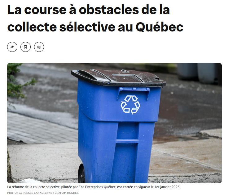 Pat77432407's tweet photo. COLLECTE SÉLECTIVE AU QUÉBEC : FACTURES EXPLOSIVES, RECYCLAGE EN CRISE ET ENTREPRISES EN COLÈRE
Commentaire - Beaucoup de ces déchets finissent enfouis, exportés ou incinérés "déguisés" en valorisation énergétique, sans véritables débouchés locaux. La valorisation ne couvre que 15 % des coûts : on collecte plus, mais on recycle à peine mieux
Et qui paie finalement ? Les consommateurs, via des hausses inévitables des prix à l'épicerie, au restaurant et ailleurs, dans un contexte d'inflation persistante.
Radio-Canada, résumé - Un an après l'entrée en vigueur (1ᵉʳ janvier 2025) de la réforme de la collecte sélective au Québec, transférant la gestion des municipalités à Éco Entreprises Québec (ÉEQ) sous le principe de responsabilité élargie des producteurs (REP), le système rencontre de fortes critiques.
Les entreprises financent désormais intégralement le système via leurs contributions, ce qui entraîne une hausse moyenne de 77 % des factures en 2025 (coûts passant de 300 à 350 M$ à plus de 450 M$, avec des projections à 650-800 M$ incluant la transition).
Cette augmentation s'explique par :
le chevauchement des anciens et nouveaux régimes (paiement double en transition),
l'inflation,
l'élargissement des matières acceptées (tous plastiques, y compris souples),
les nouvelles dessertes (multilogements, régions éloignées) et
la chute des prix marchands des matières recyclées due à des tensions mondiales.
ÉEQ peine à trouver des débouchés locaux pour certaines matières (ex. : plastiques souples), générant des coûts supplémentaires (enfouissement, exportation ou incinération). La valorisation ne couvre que ~15 % des coûts.
Des organisations comme la FCEI, le CTAQ et des entreprises dénoncent le manque de transparence, les hausses insoutenables et une performance insuffisante, craignant des répercussions sur les prix aux consommateurs ou des fermetures.
Elles réclament un ralentissement, un alignement avec la consigne (reportée à 2027) et un assouplissement des cibles ambitieuses.
ÉEQ promet une baisse à 470 M$ en 2027 via des modernisations (nouveaux centres de tri) et un partage équitable, tout en demandant au gouvernement de revoir les obligations.
Des mesures d'atténuation (étalements de paiements) existent, et le ministère analyse les propositions, avec possibles modifications réglementaires en 2026.
À long terme, le système vise une meilleure circularité, mais la transition reste douloureuse et incertaine pour 2026.
https://t.co/aVcaaTNTVT