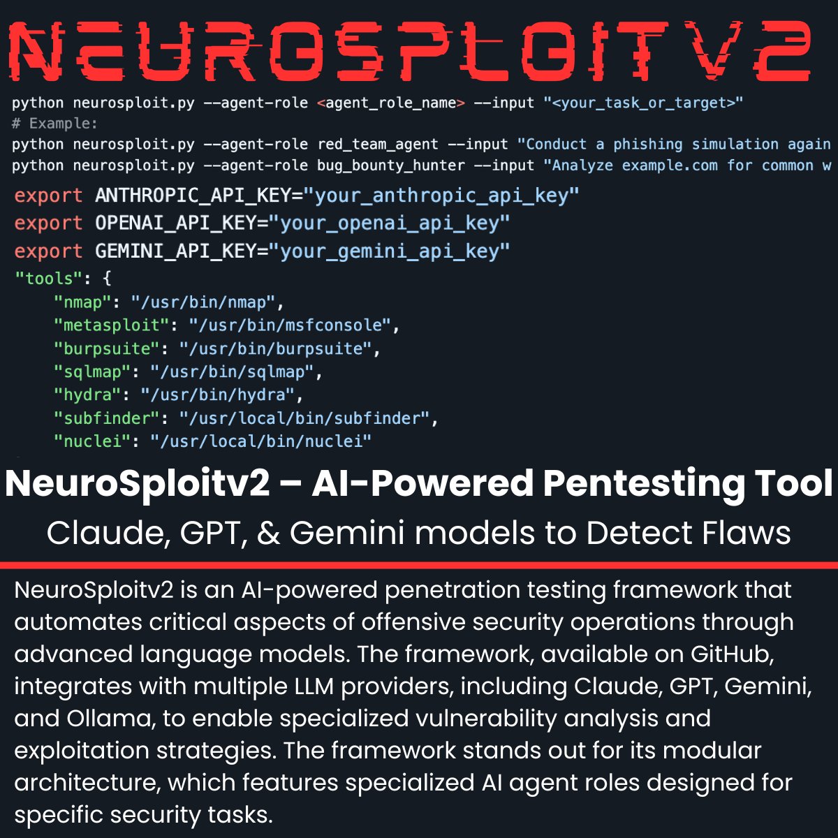 🚨 NeuroSploitv2 - AI-Powered Pentesting Tool With Claude, GPT, &amp; Gemini models  

Source: cybersecuritynews.com/neurosploitv2-…

NeuroSploitv2 is an AI-powered penetration testing framework that automates critical aspects of offensive security operations through advanced language models.

The