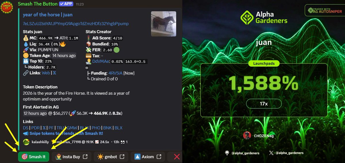 Drinking? The discord is still trenching 💸

They spot $JUAN → hit "Smash It" → everyone buys automatically.

Smash The Button + <a href="/agsniperbot/">AG Sniper Bot</a> = FREE auto-sniper combo 🤖