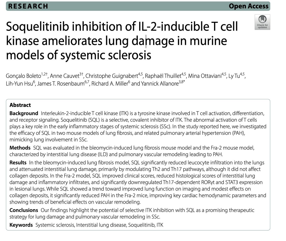 HOThomasWPhelps's tweet image. $CRVS New paper on Dec 23rd discusses and further elaborates on work showing ITK inhibition w/ #soquelitinib REDUCES BOTH #Th2 and #Th17 inflammation and warrants further clinical trials in systemic sclerosis as it ameliorates Ssc associate lung damage.

link.springer.com/article/10.118…