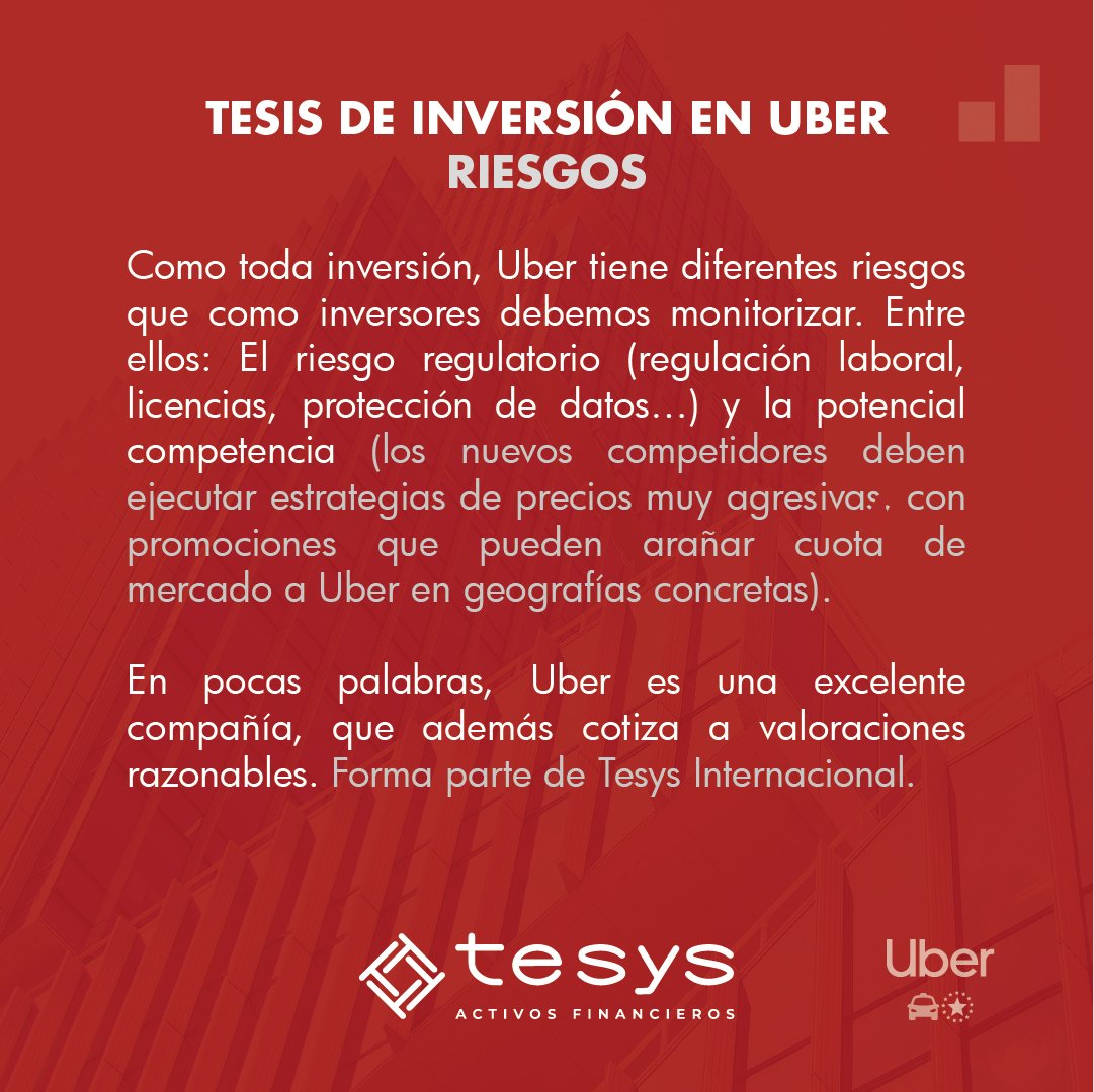 TesysAF's tweet photo. ⚠️ Riesgos a vigilar:

– Regulación
– Competencia agresiva en precios en algunas geografías.

Conclusión: UBER, compañía sólida, bien posicionada y con valoraciones razonables. https://t.co/nggQlVHavP