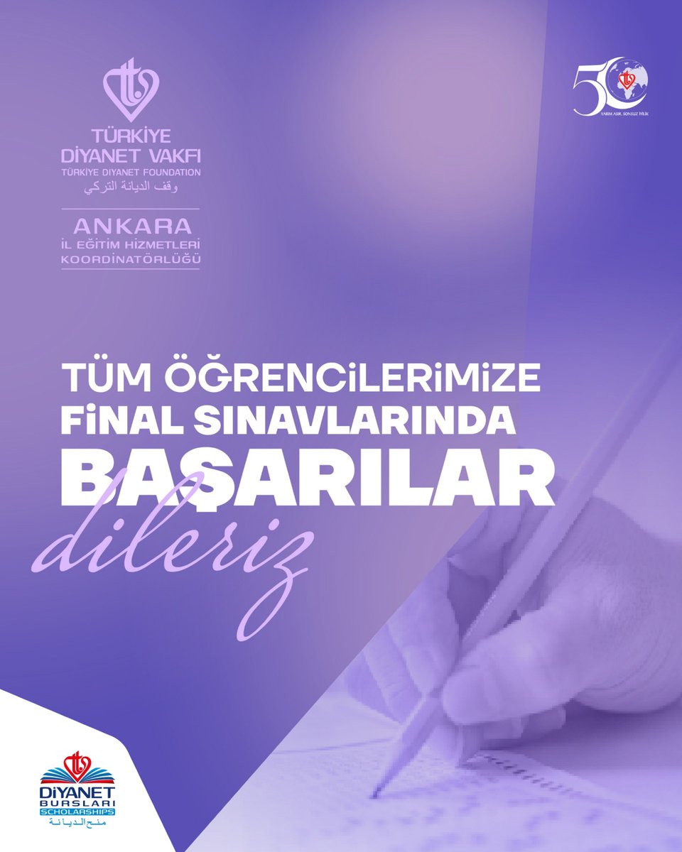 TDV Ankara İl Eğitim Hizmetleri Koordinatörlüğü olarak burslu öğrencilerimize final sınavlarında başarılar dileriz.
<a href="/DiyanetVakfi/">Türkiye Diyanet Vakfı</a> 
#tdv