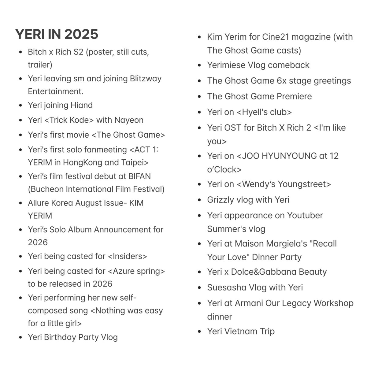 YERI 2025 RECAP 💜

it has been a busy year for yeri especially after signing with blitzway entertainment. thank you, 2025. 🫂

2026, please be good to our girl 🙇🏻