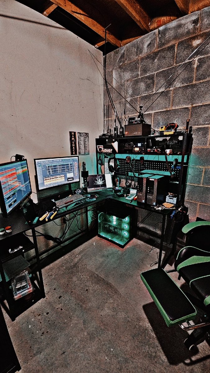 GreenHazeOG's tweet photo. Finally got my desk setup for radios and gaming not finished but close to done for now lol 😆 https://t.co/dbCgFcCaKZ