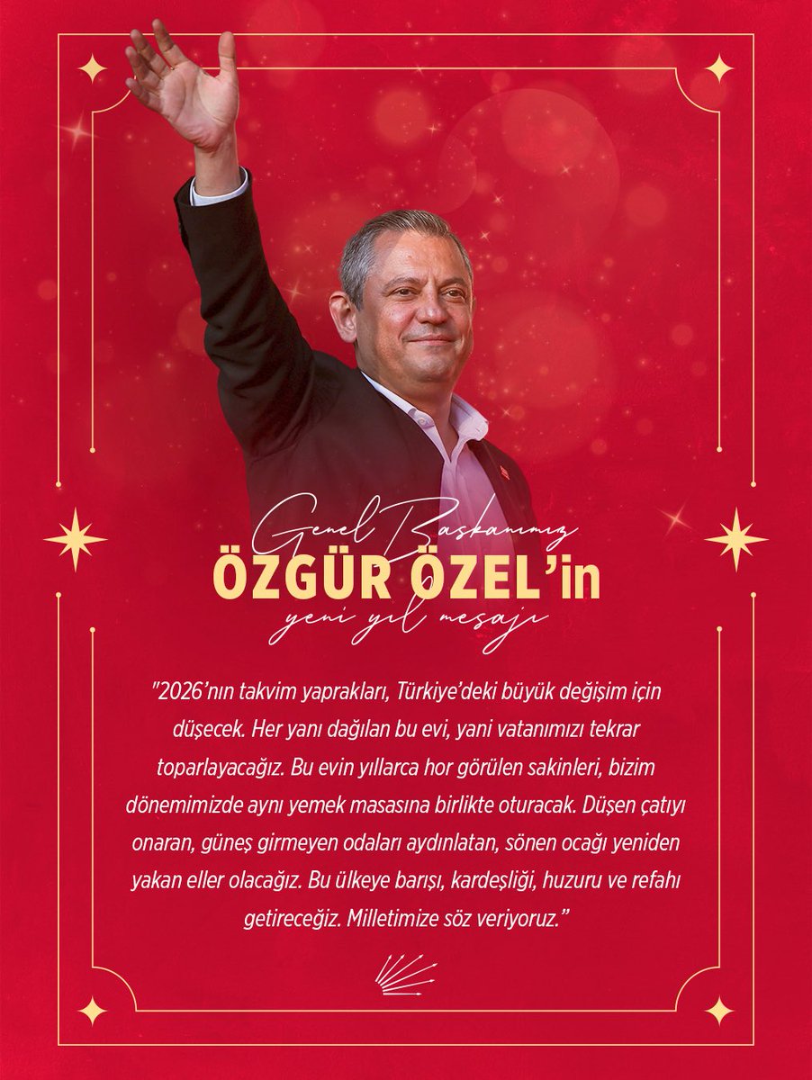 Genel Başkanımız Özgür Özel’in yeni yıl mesajı:

"2025, Ak Parti için “darbe” yılı bizim için ise “mücadele” yılı oldu. 2025 yılının iki fotoğrafı vardı. Biri, bir sivil darbe ve sonrasındaki baskı düzeniyle gözaltına alınanların fotoğrafları, diğeri ise meydanlarda direnen