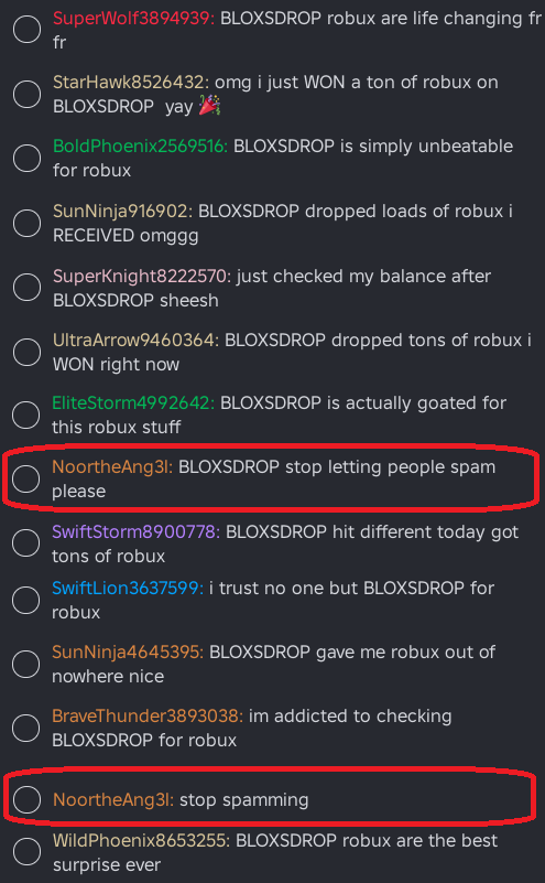 mayrocksvt's tweet photo. Hey @Roblox please do something with BLOXSDROP!
🛑This is how the chat looks every single day in every game.
#Roblox #Scamming #Spam #RobloxSafety https://t.co/a1wHfMP0hV