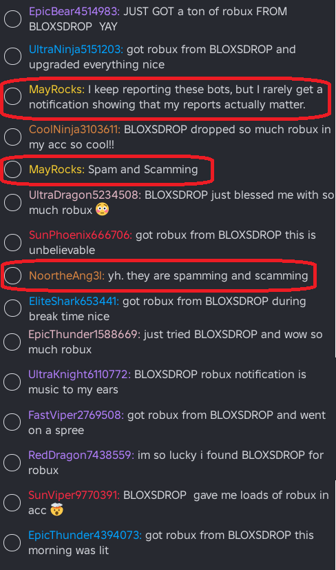 mayrocksvt's tweet photo. Hey @Roblox please do something with BLOXSDROP!
🛑This is how the chat looks every single day in every game.
#Roblox #Scamming #Spam #RobloxSafety https://t.co/a1wHfMP0hV