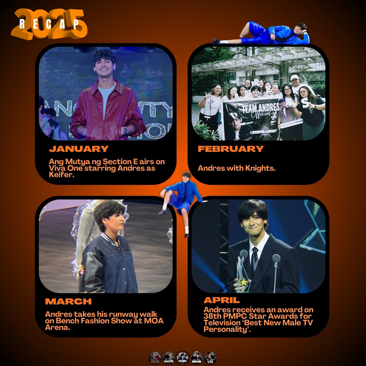 TeamAndresOFC's tweet photo. 2025 RECAP ✨

Wow, what a long journey it has been with you, Knights. 2025 is really a year to be celebrated on. This 2026, let's go all out for Andres. 🎊🧡

ALL FOR ANDRES⚔️
#AndresMuhlach | Andres Muhlach https://t.co/67fKKXLi2A