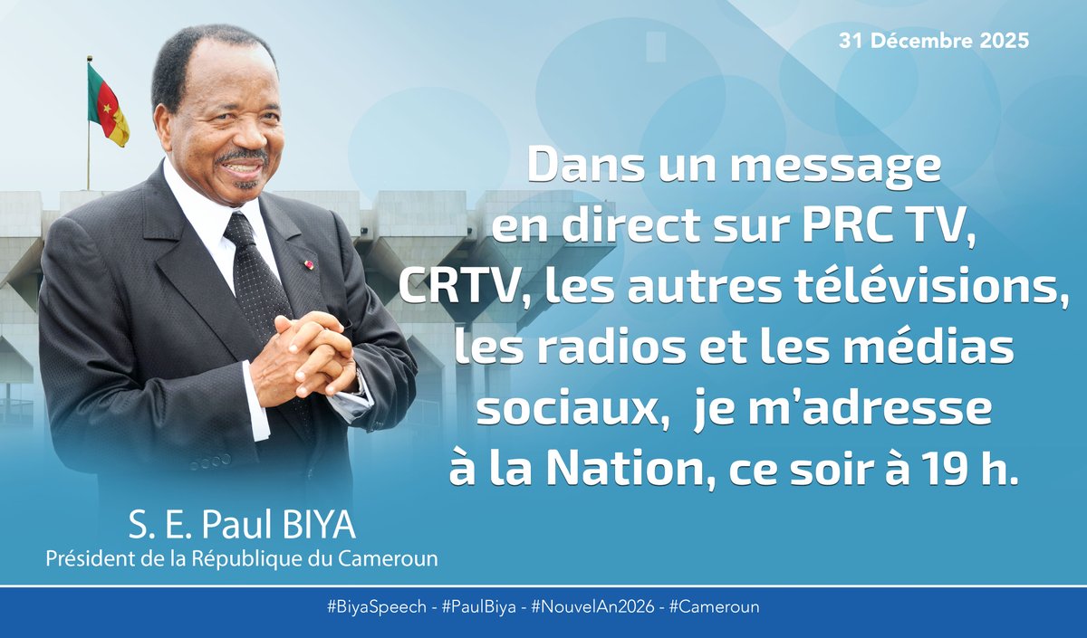 Dans un message en direct sur PRC TV, CRTV, les autres télévisions, les radios et les médias sociaux,  je m’adresse à la Nation, ce soir à 19 h.

#BiyaSpeech
#PaulBiya
#Cameroun