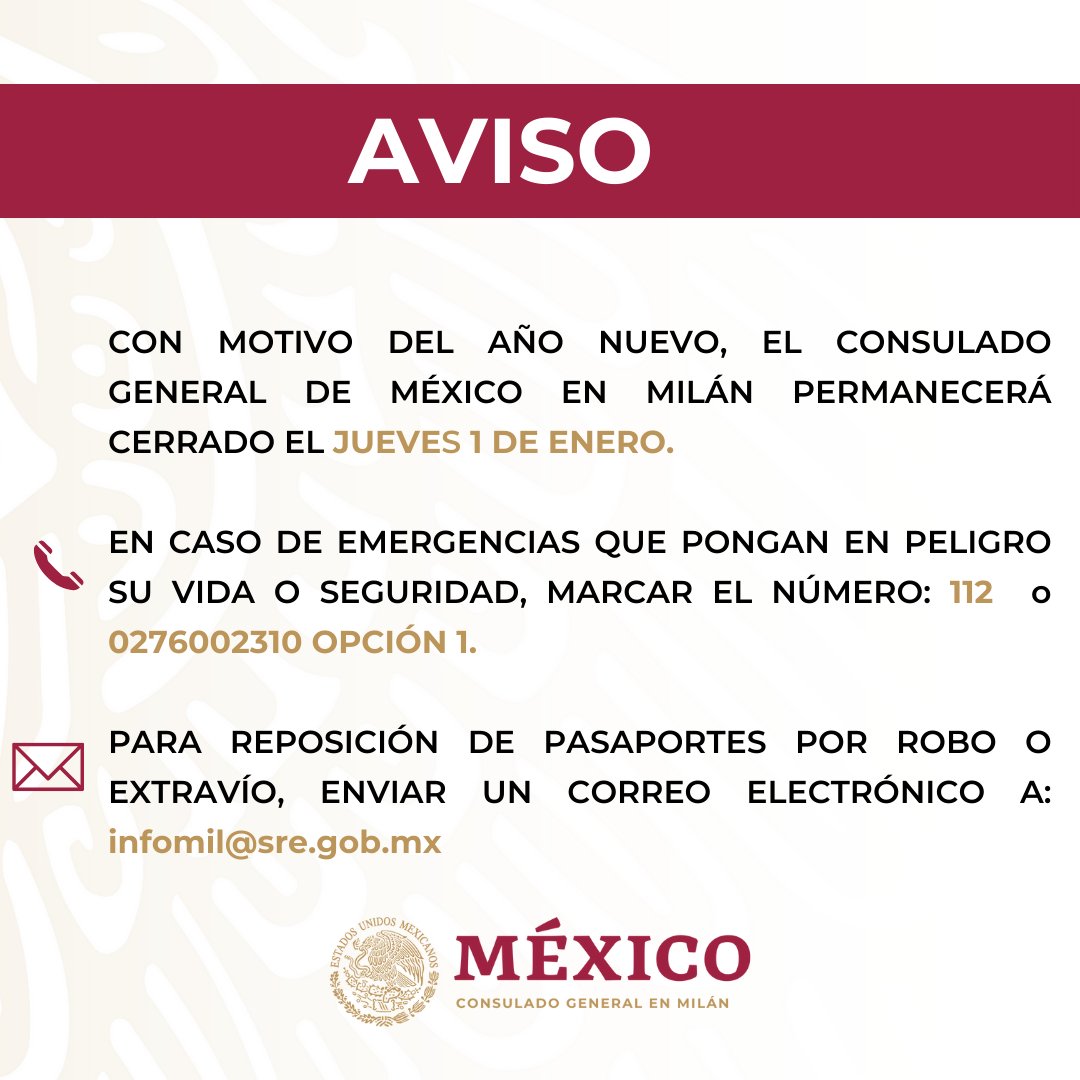 ConsulMexMIL's tweet image. @consulmexmilan les desea un muy próspero 2026.

Si festejas en plazas públicas esta noche  recuerda cuidar tus pertenencias y mantenerte alejado de los juegos pirotécnicos.