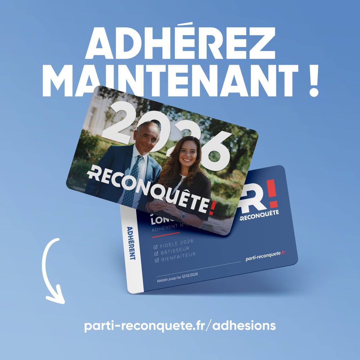 🔴 Commencez l’année 2026 de la meilleure des manières !

Adhérez ou ré adhérez à Reconquête pour soutenir Éric Zemmour et Sarah Knafo. 

Aidez-les à défendre les Français et préparer nos victoires de demain : parti-reconquete.fr/adhesions