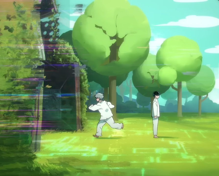 mintchocorin's tweet image. a hole (?) in the sky, a world behind screens, glitching leaves and landscape, a wrong reality, a distant daydream