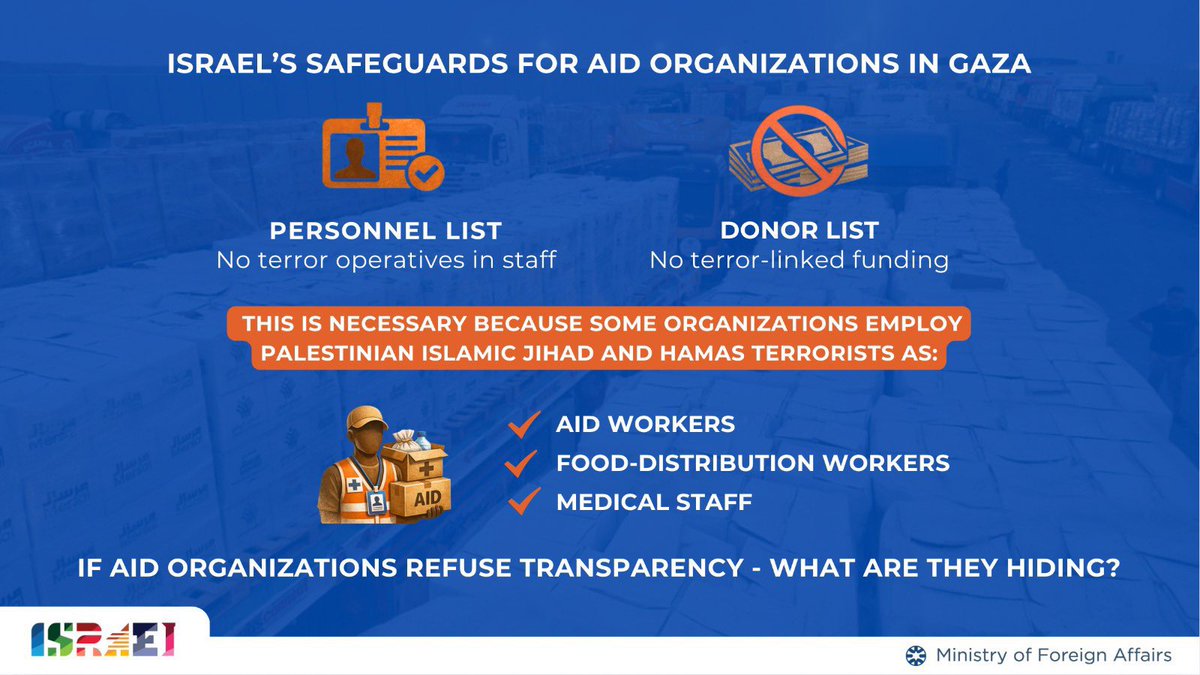 IsraelinEU's tweet photo. The October 7 attack showed that too many UN and international aid organizations were exploited by terrorists operating within them.

Like the #EU, Israel values genuine humanitarian aid and asks for one simple thing: transparency, to ensure that aid frameworks are never used as a cover for terrorism.

Reality on the ground proves that aid flows into Gaza for the benefit of those in need.