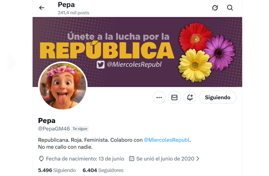 Ha fallecido nuestra compañera <a href="/PepaGM46/">Pepa</a>, alma del grupo republicano, comprometida y profundamente querida, tanto por sus valores republicanos como por su simpatía y calidez. Todo nuestro cariño y un abrazo a la familia y amistades.

Que la tierra te sea leve compañera ❤️💛💜