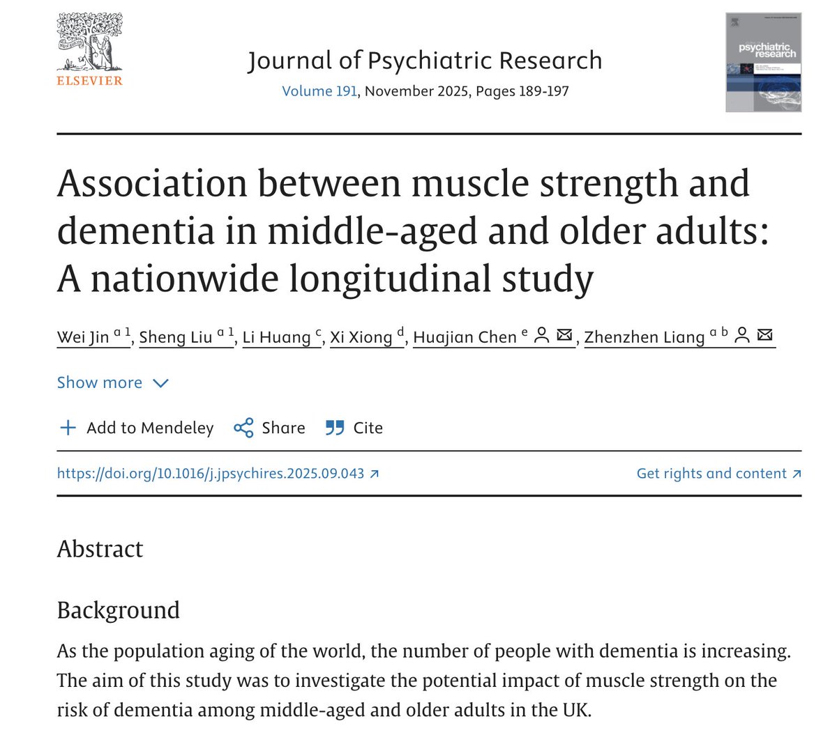 「筋力」が認知症リスクを評価する指標となる可能性を示唆する論文。
英国の約6000人を9年追跡した調査では、握力が弱い、立ち上がりが遅い（足腰が弱い）人ほど認知症リスクがおよそ3倍も高まると示唆された。
脳を守るには頭の体操だけでなく「筋トレ」が必須のようだ。
