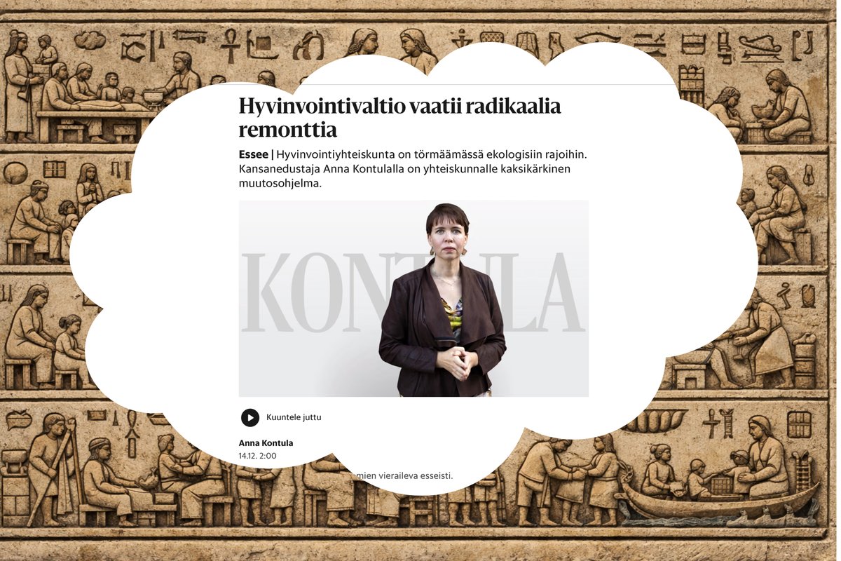 pursiain's tweet image. Hoitajia ei voi painaa setelipainossa.

Näinkin diippejä mietin kun luin Anna Kontulan esseetä Helsingin Sanomista. Kontula on harvinaisuus, aito intellektuelli poliitikkojen joukossa. Myös tämä essee herätti ajatuksia.

Kontulan mukaan hyvinvointivaltio lähestyy loppuaan.
1/13